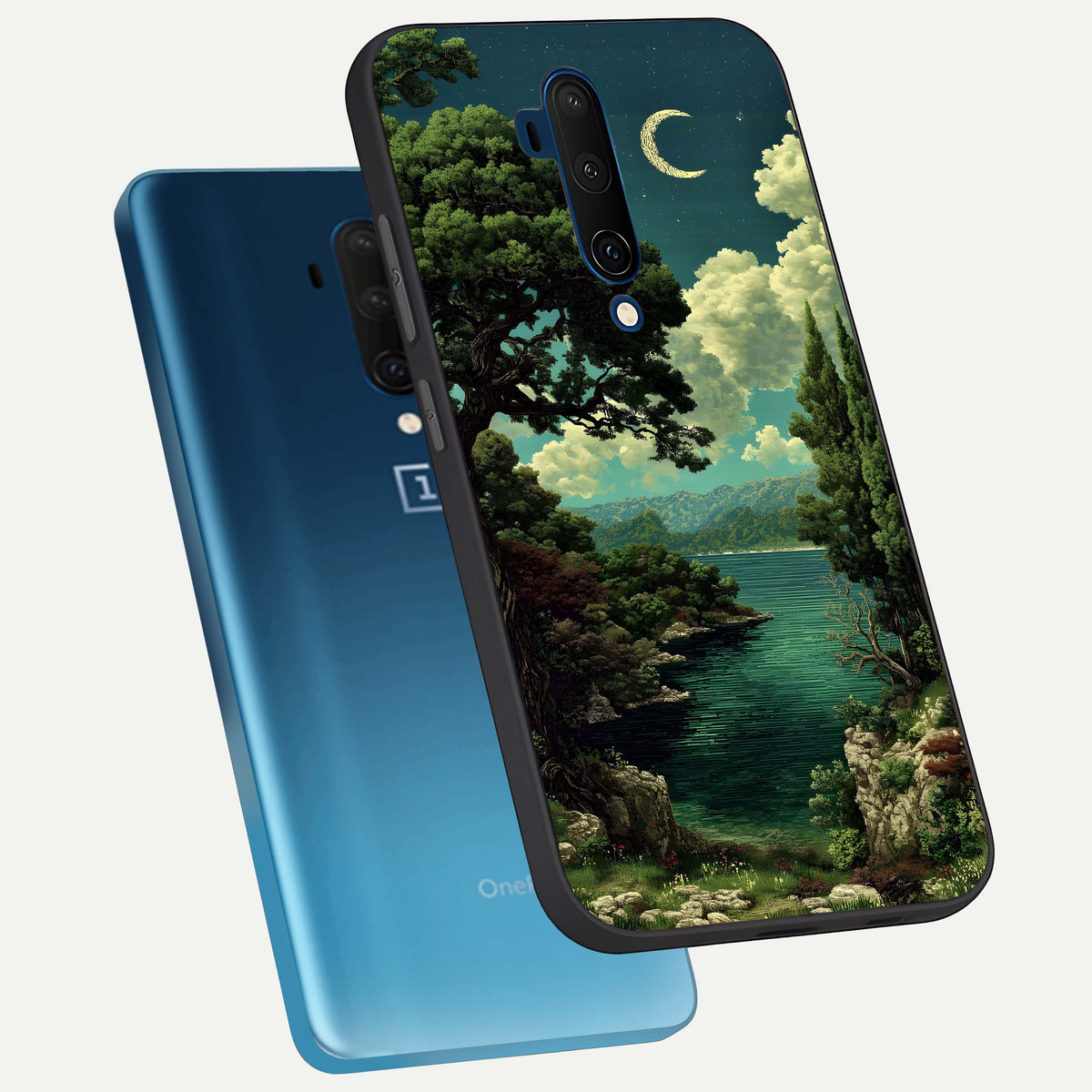  Celestial Lake Peace phone case For OnePlus 7T Pro showing premium glass back cover with detailed artwork