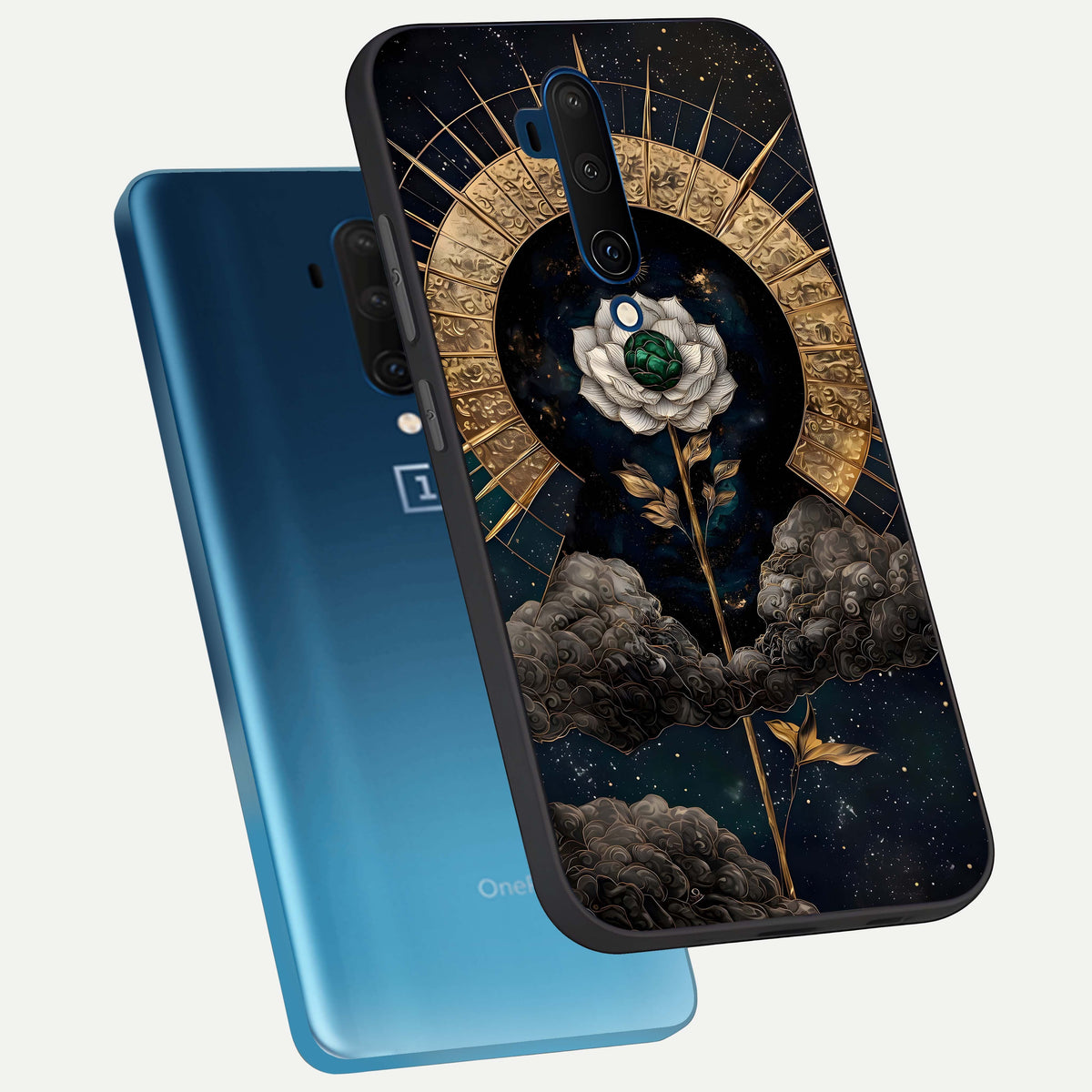  Celestial Lotus Morang phone case For OnePlus 7T Pro showing premium glass back cover with detailed artwork