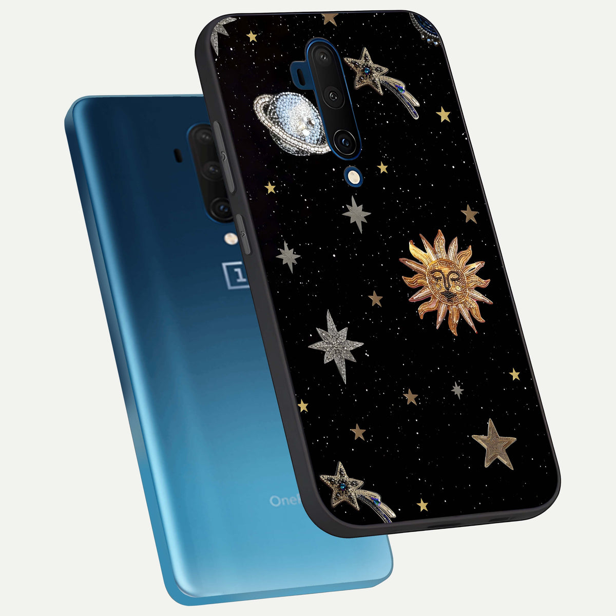  Celestial Moon With Stars phone case For OnePlus 7T Pro showing premium glass back cover with detailed artwork
