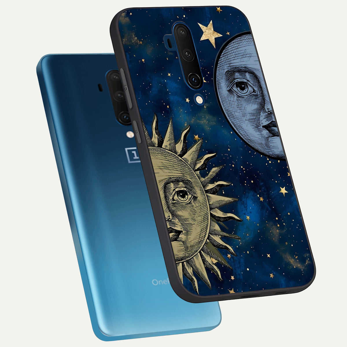  Celestial Moon With Sun phone case For OnePlus 7T Pro showing premium glass back cover with detailed artwork