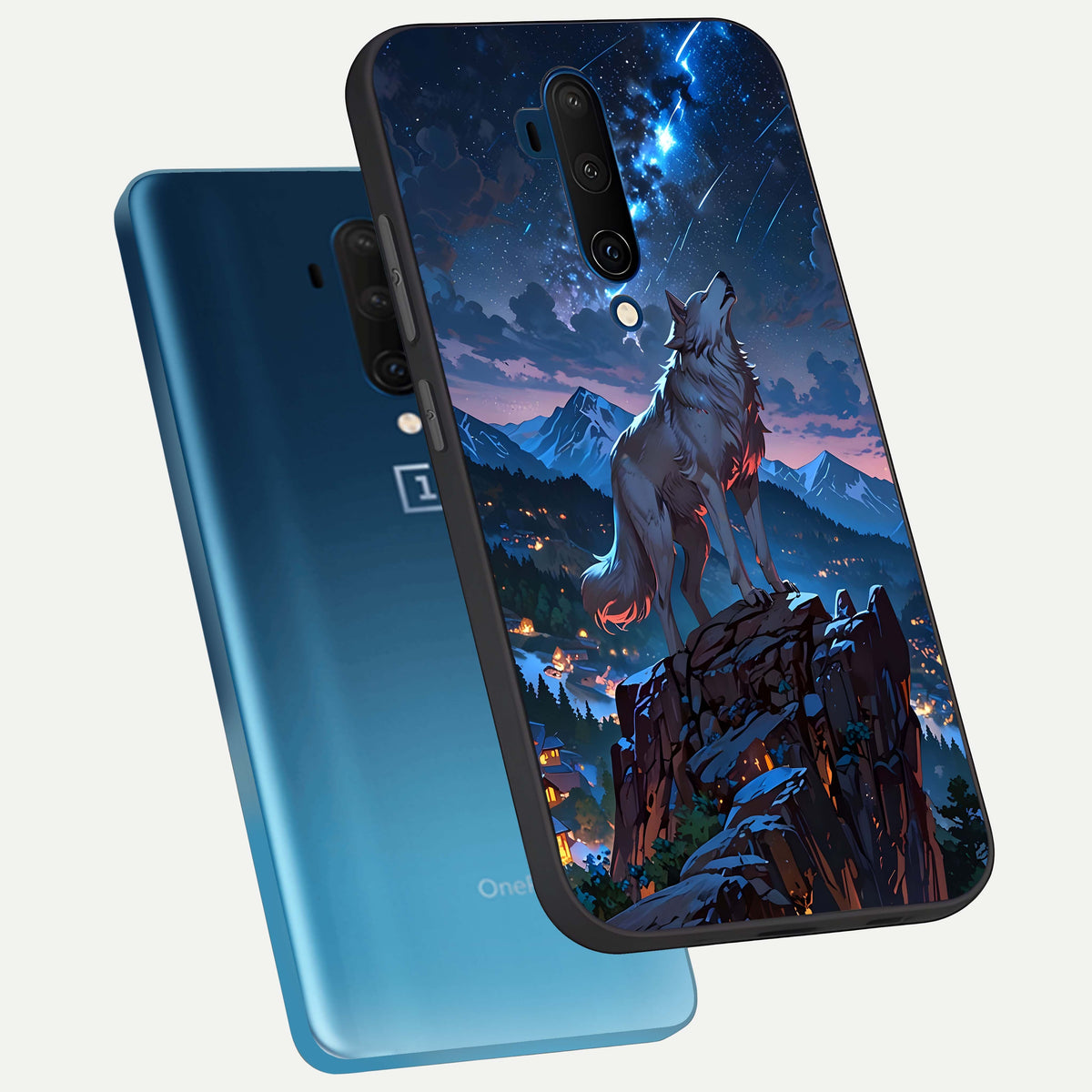  Celestial Wolf Howl phone case For OnePlus 7T Pro showing premium glass back cover with detailed artwork
