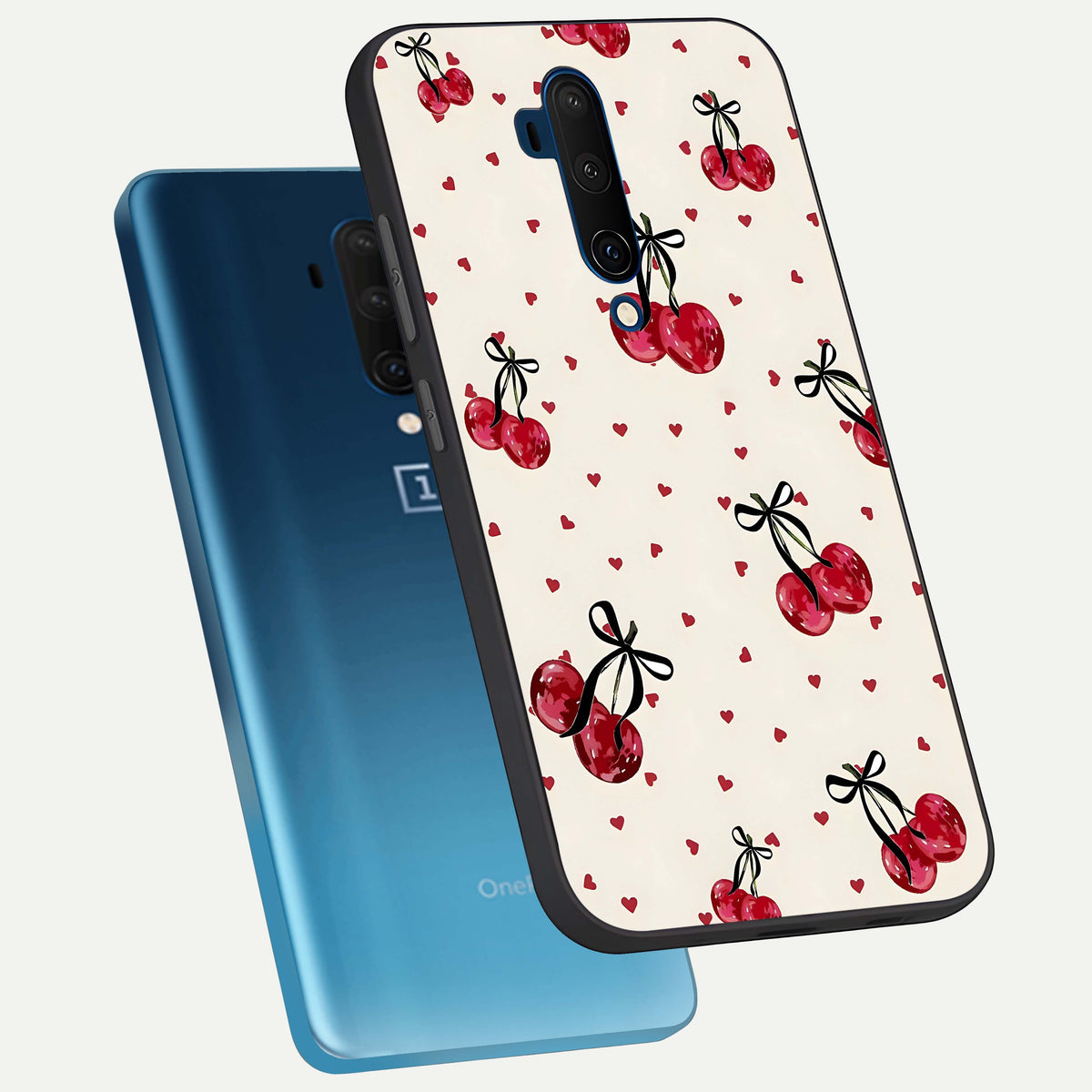  Cherry Heart Bow phone case For OnePlus 7T Pro showing premium glass back cover with detailed artwork
