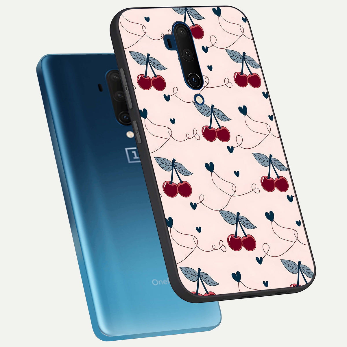  Cherry Heart Line phone case For OnePlus 7T Pro showing premium glass back cover with detailed artwork