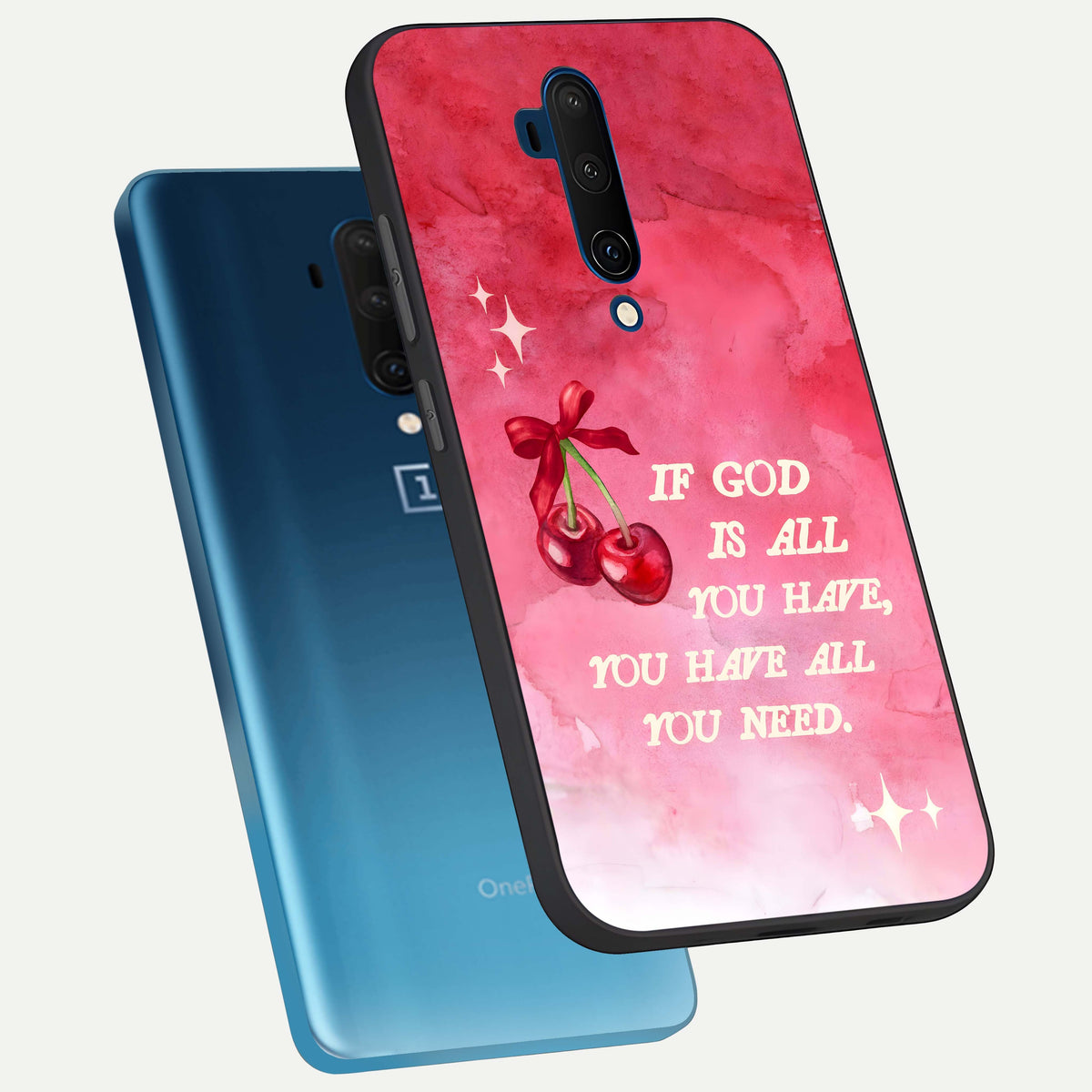  Cherry Quote phone case For OnePlus 7T Pro showing premium glass back cover with detailed artwork