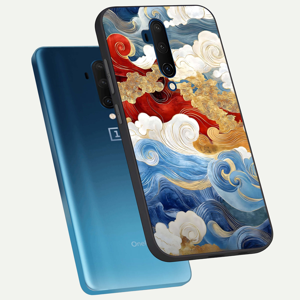  Colored Waves phone case For OnePlus 7T Pro showing premium glass back cover with detailed artwork