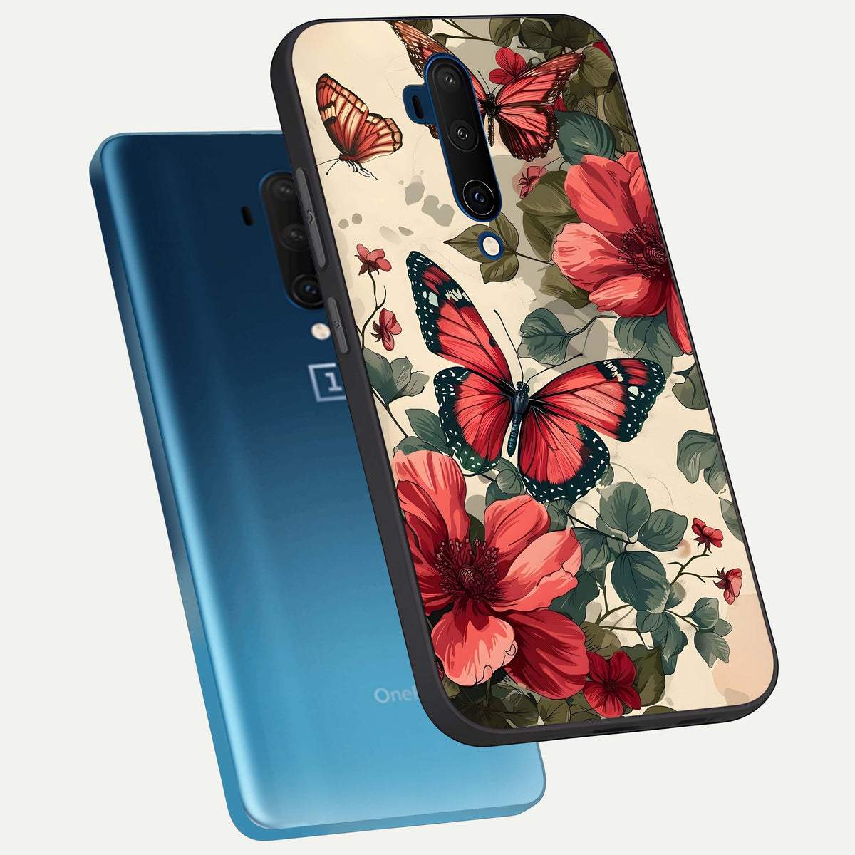  Crimson Butterfly Garden phone case For OnePlus 7T Pro showing premium glass back cover with detailed artwork