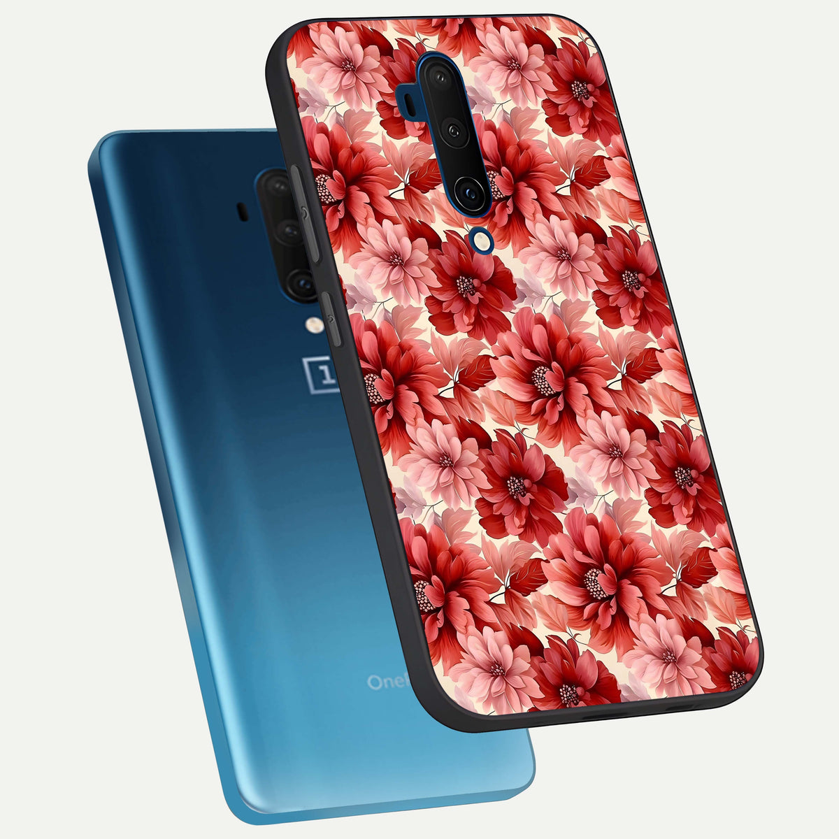  Crimson Love Petals phone case For OnePlus 7T Pro showing premium glass back cover with detailed artwork