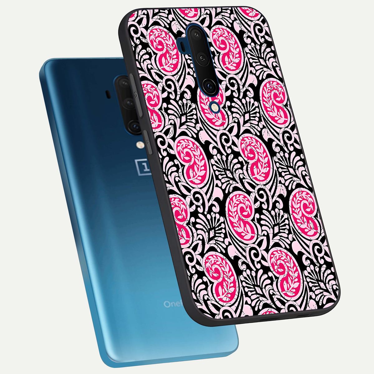  Crimson Paisley Charm phone case For OnePlus 7T Pro showing premium glass back cover with detailed artwork