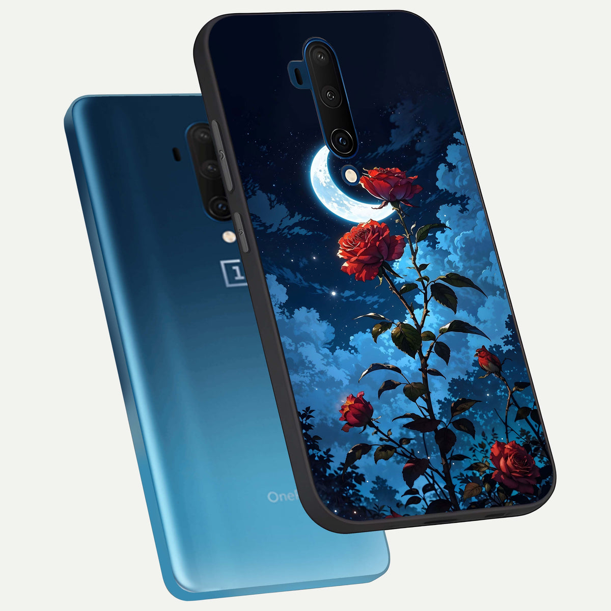  Crimson Rose Moon phone case For OnePlus 7T Pro showing premium glass back cover with detailed artwork