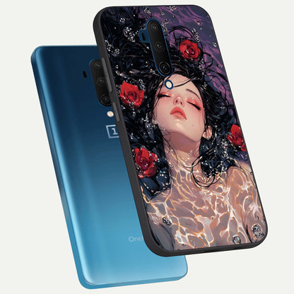  Crimson Rose Serenity phone case For OnePlus 7T Pro showing premium glass back cover with detailed artwork