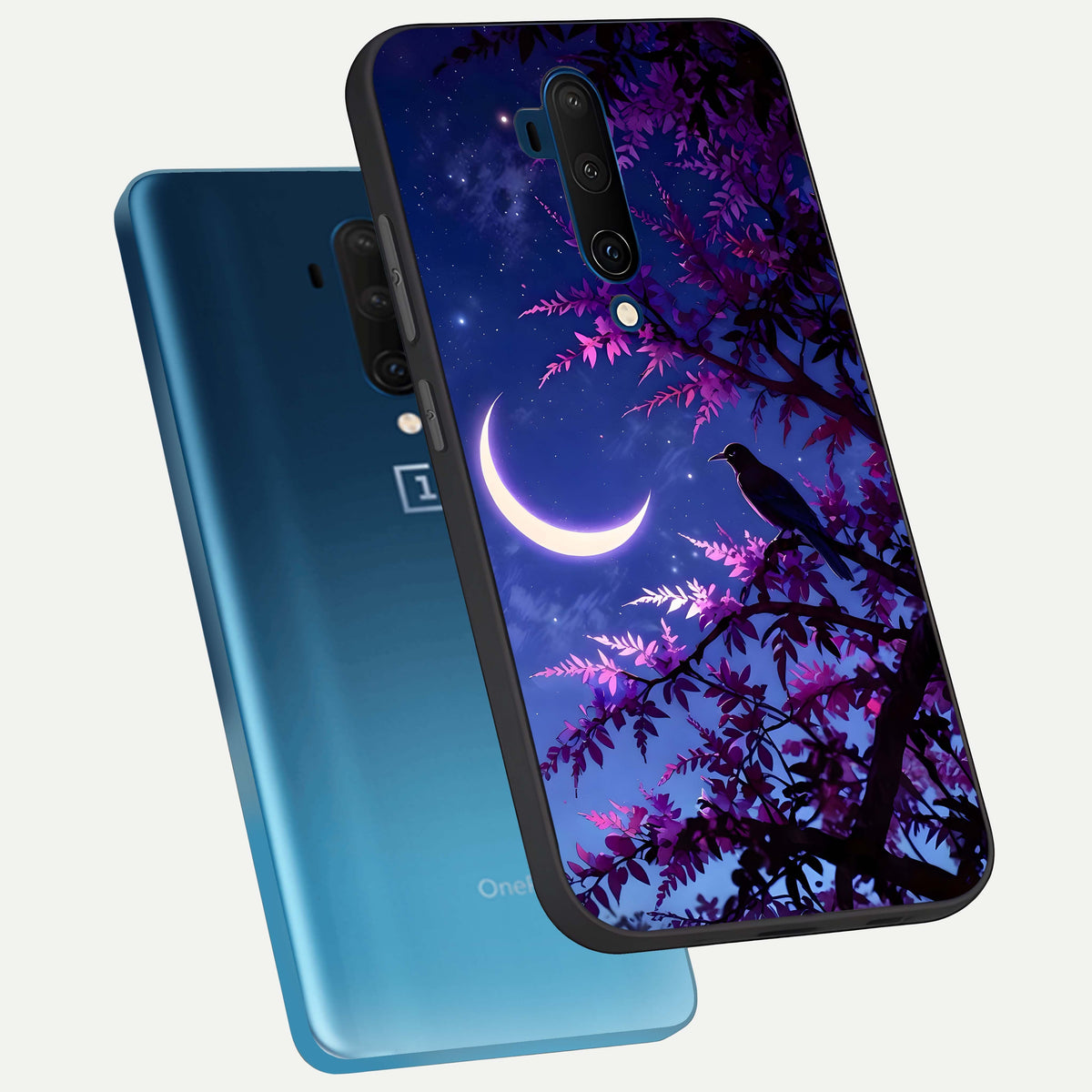  Crow And Moon Scenery phone case For OnePlus 7T Pro showing premium glass back cover with detailed artwork