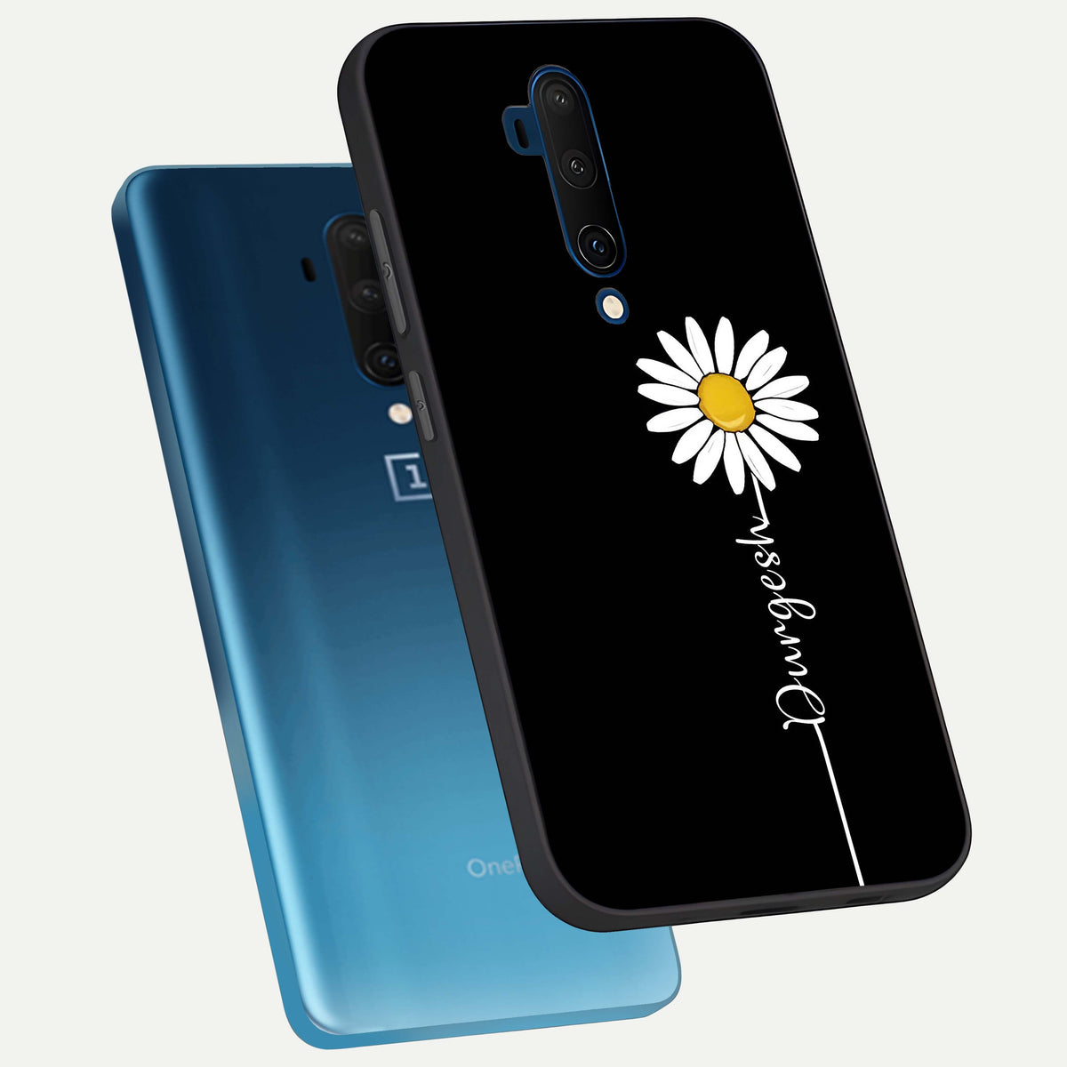  Custom Name White Flower phone case For OnePlus 7T Pro showing premium glass back cover with detailed artwork