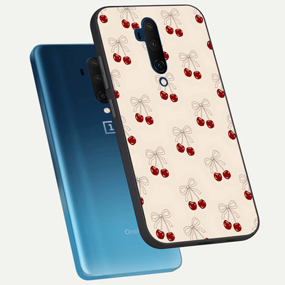  Cute Cherry Pattern phone case For OnePlus 7T Pro showing premium glass back cover with detailed artwork