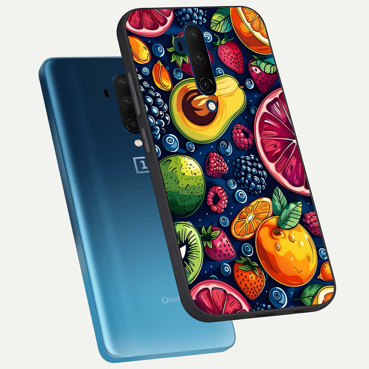  Cute Fruits Art phone case For OnePlus 7T Pro showing premium glass back cover with detailed artwork