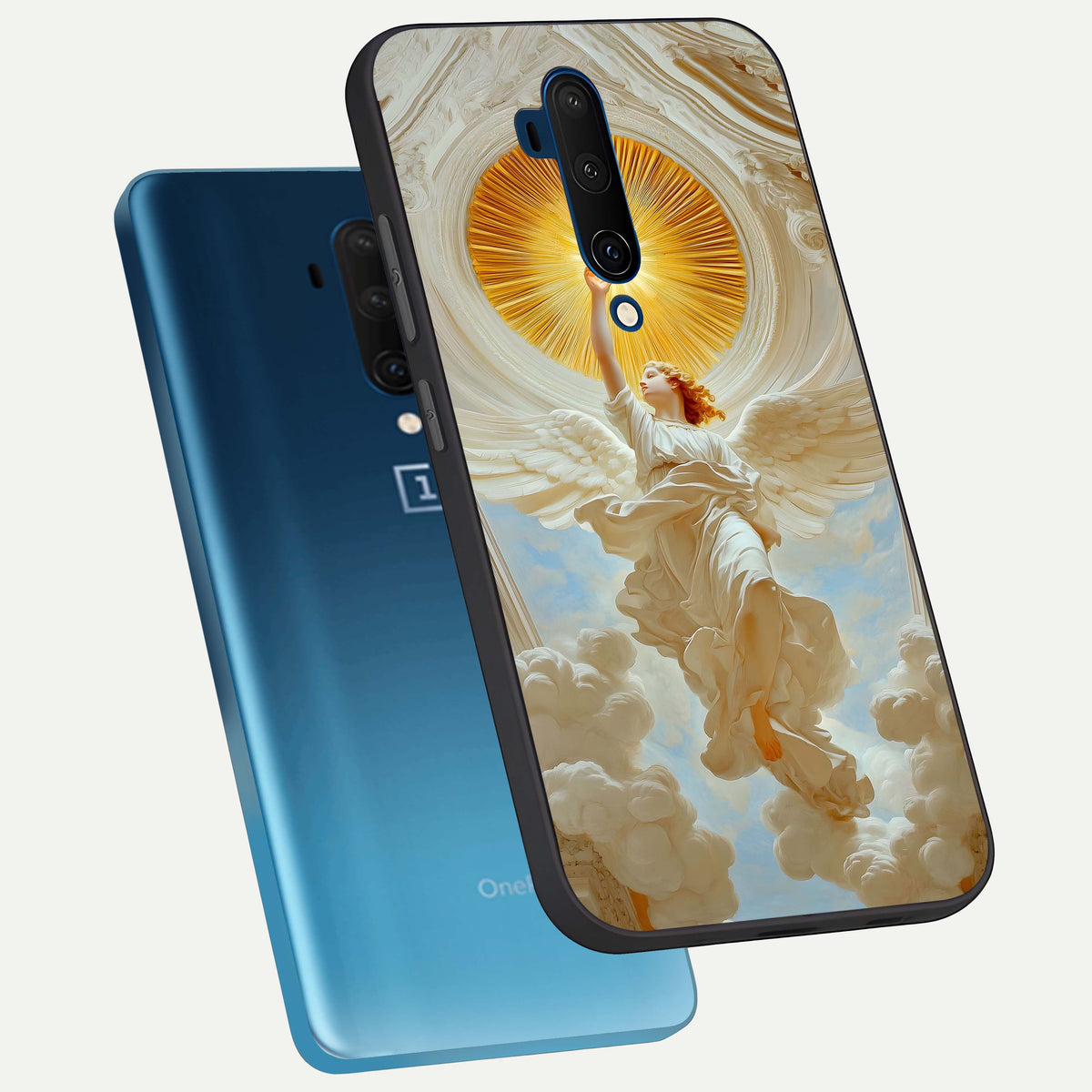  Divine Light Angel phone case For OnePlus 7T Pro showing premium glass back cover with detailed artwork