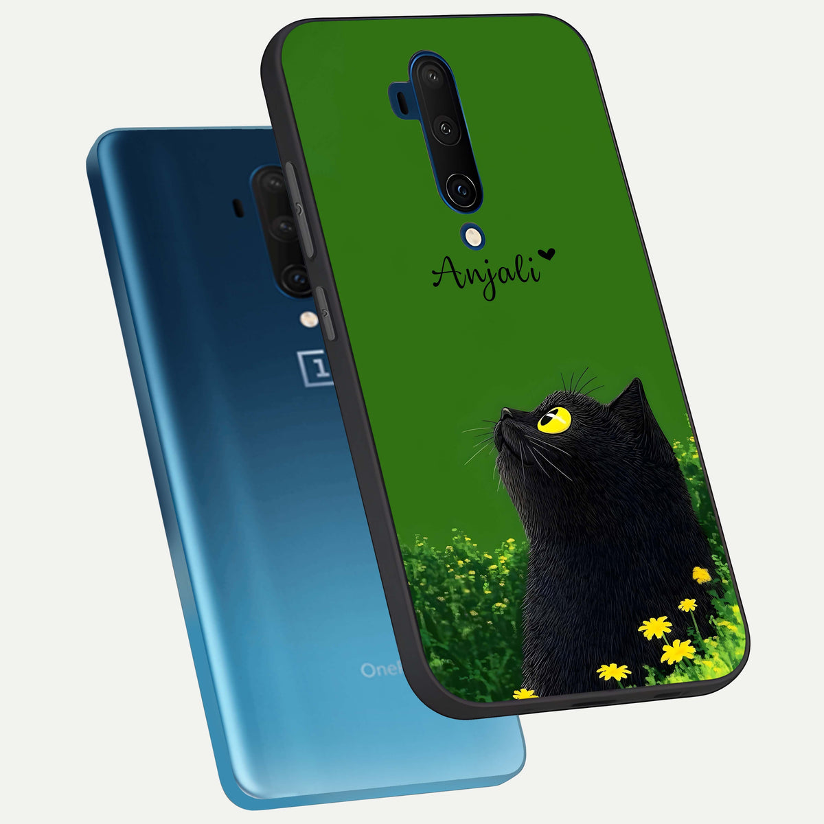  Emerald Cat Custom Name phone case For OnePlus 7T Pro showing premium glass back cover with detailed artwork