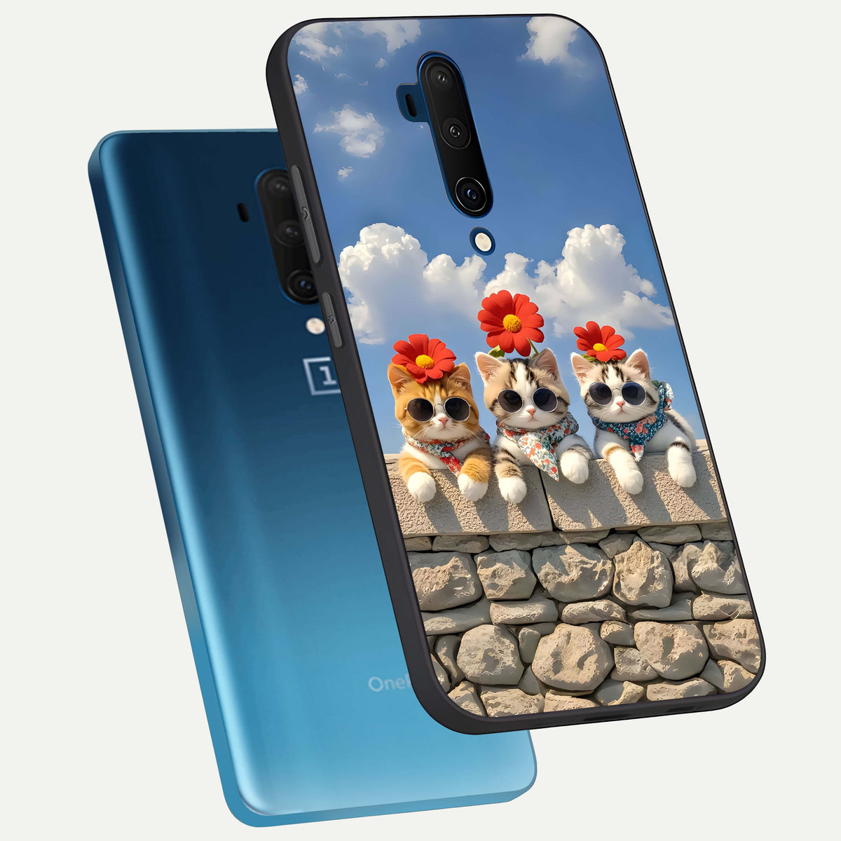  Floral Kitty Squad phone case For OnePlus 7T Pro showing premium glass back cover with detailed artwork