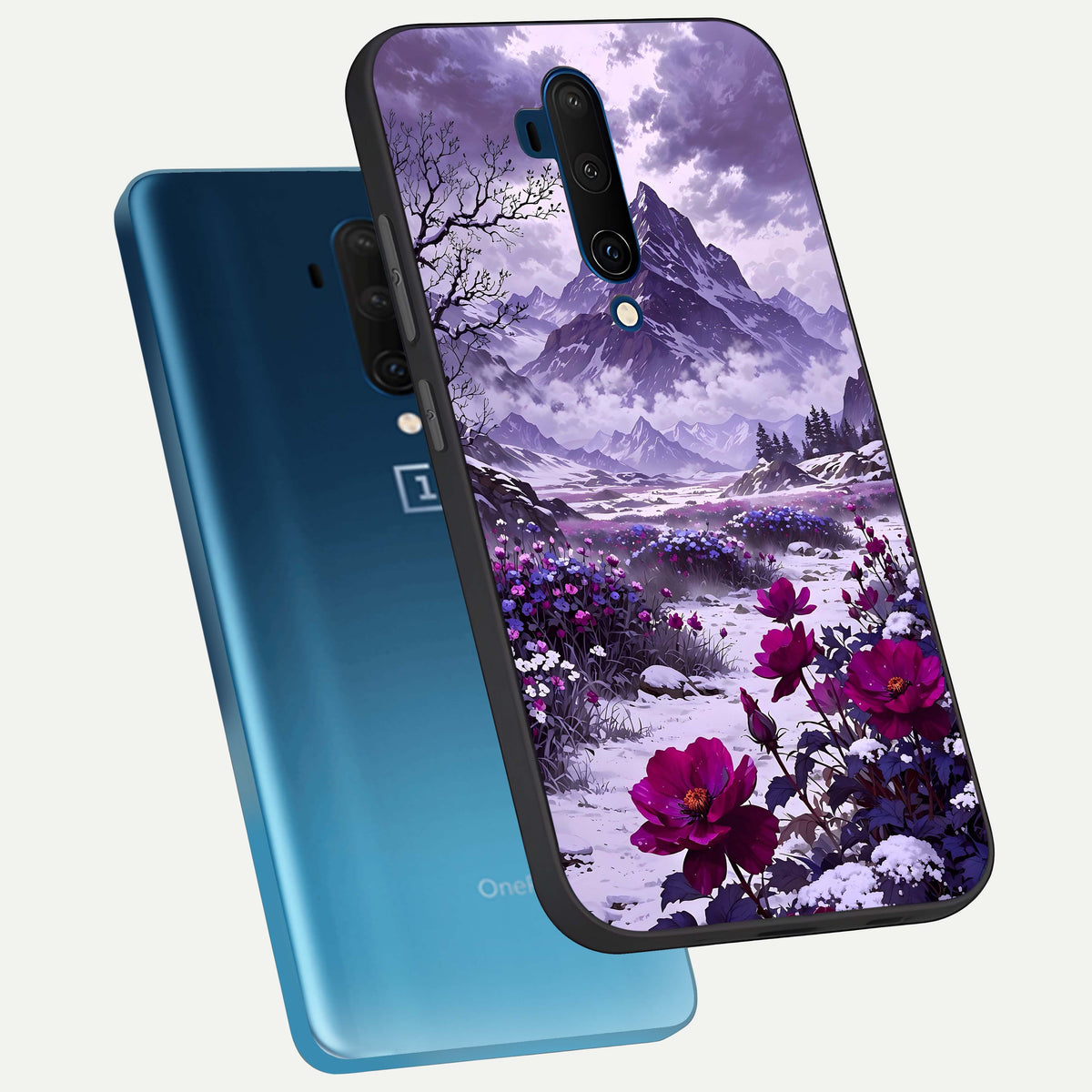  Flower Mountain View phone case For OnePlus 7T Pro showing premium glass back cover with detailed artwork