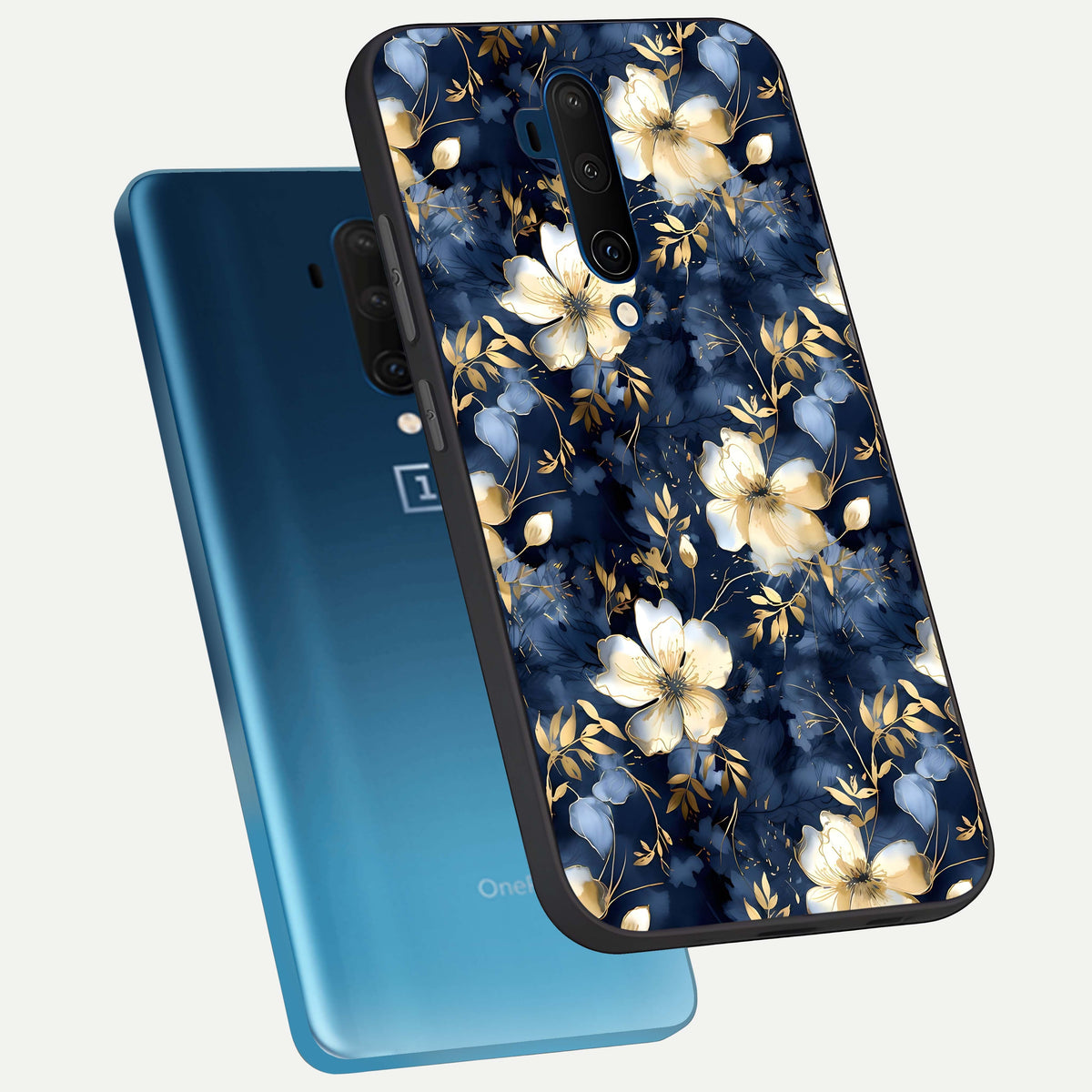  Golden Midnight Bloom phone case For OnePlus 7T Pro showing premium glass back cover with detailed artwork
