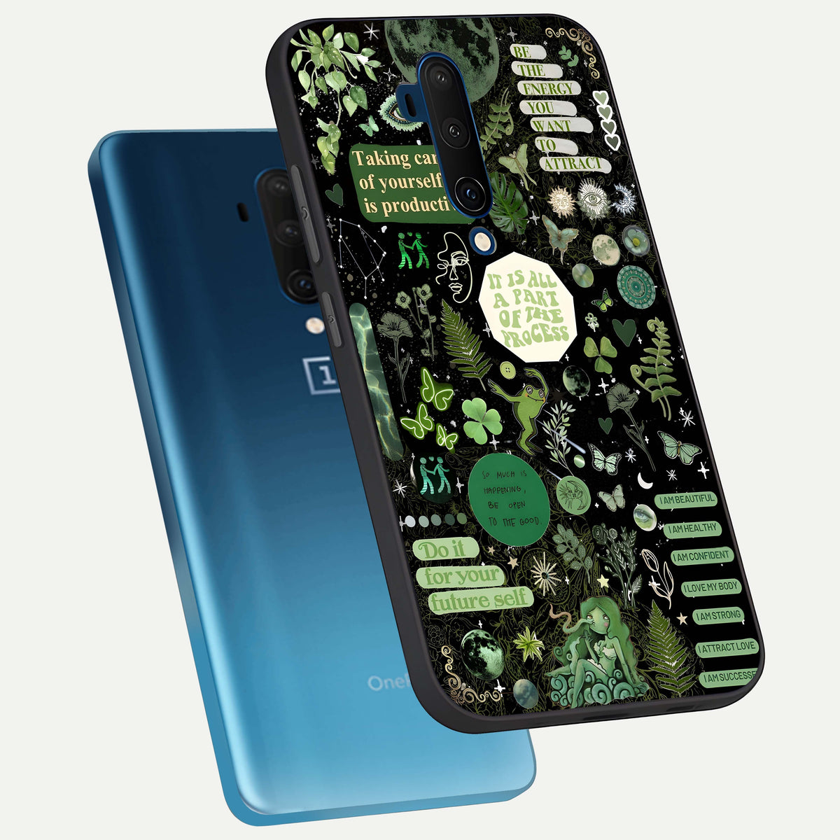  Green Mandala Pattern phone case For OnePlus 7T Pro showing premium glass back cover with detailed artwork