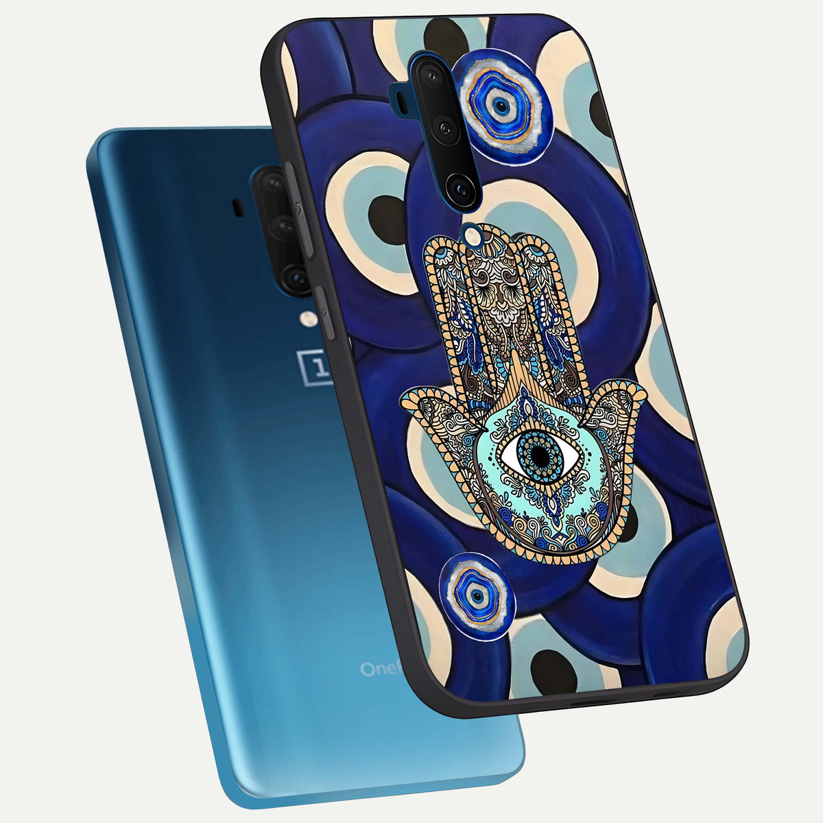  Hamsa Divine Guard phone case For OnePlus 7T Pro showing premium glass back cover with detailed artwork