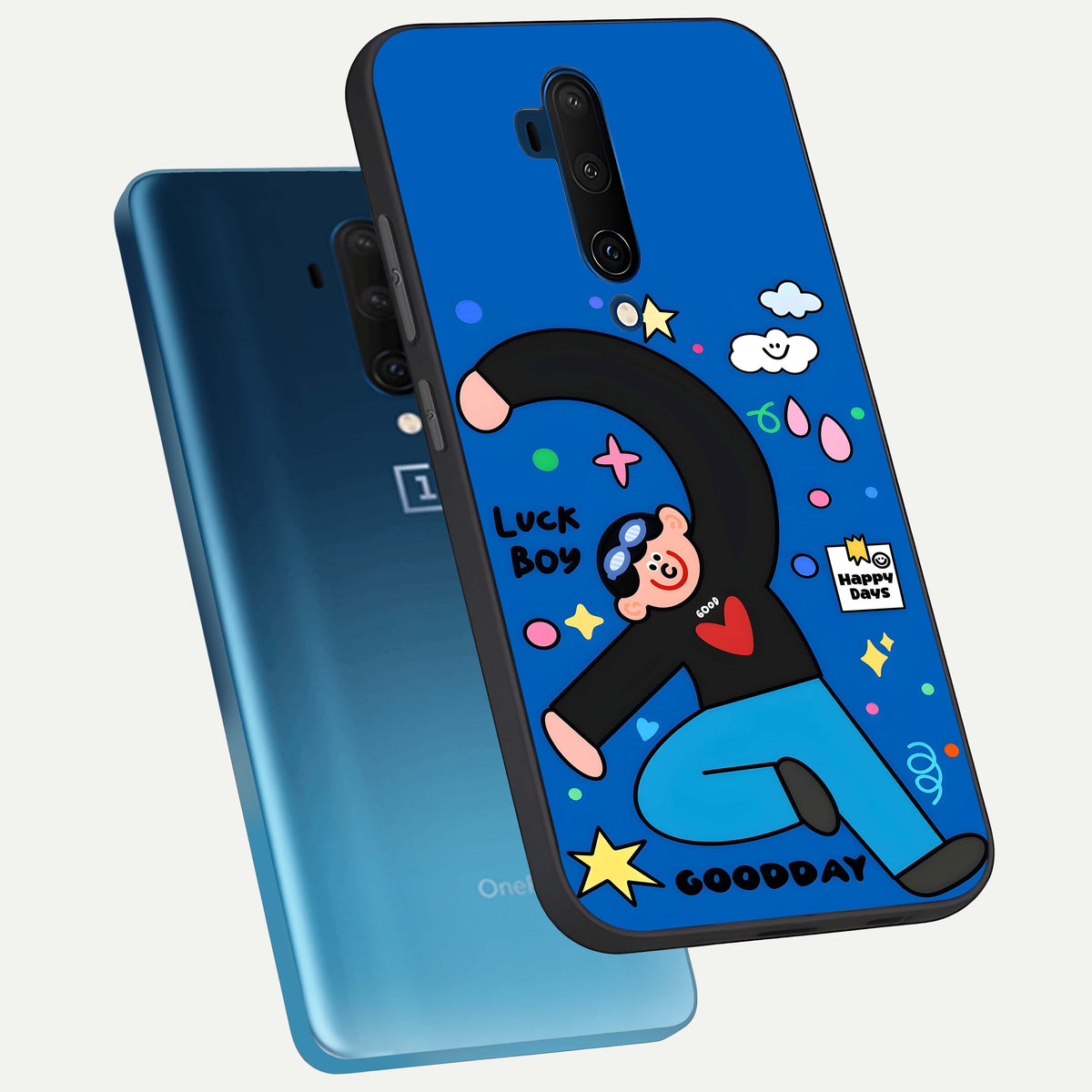  Happy Luck Vibe phone case For OnePlus 7T Pro showing premium glass back cover with detailed artwork