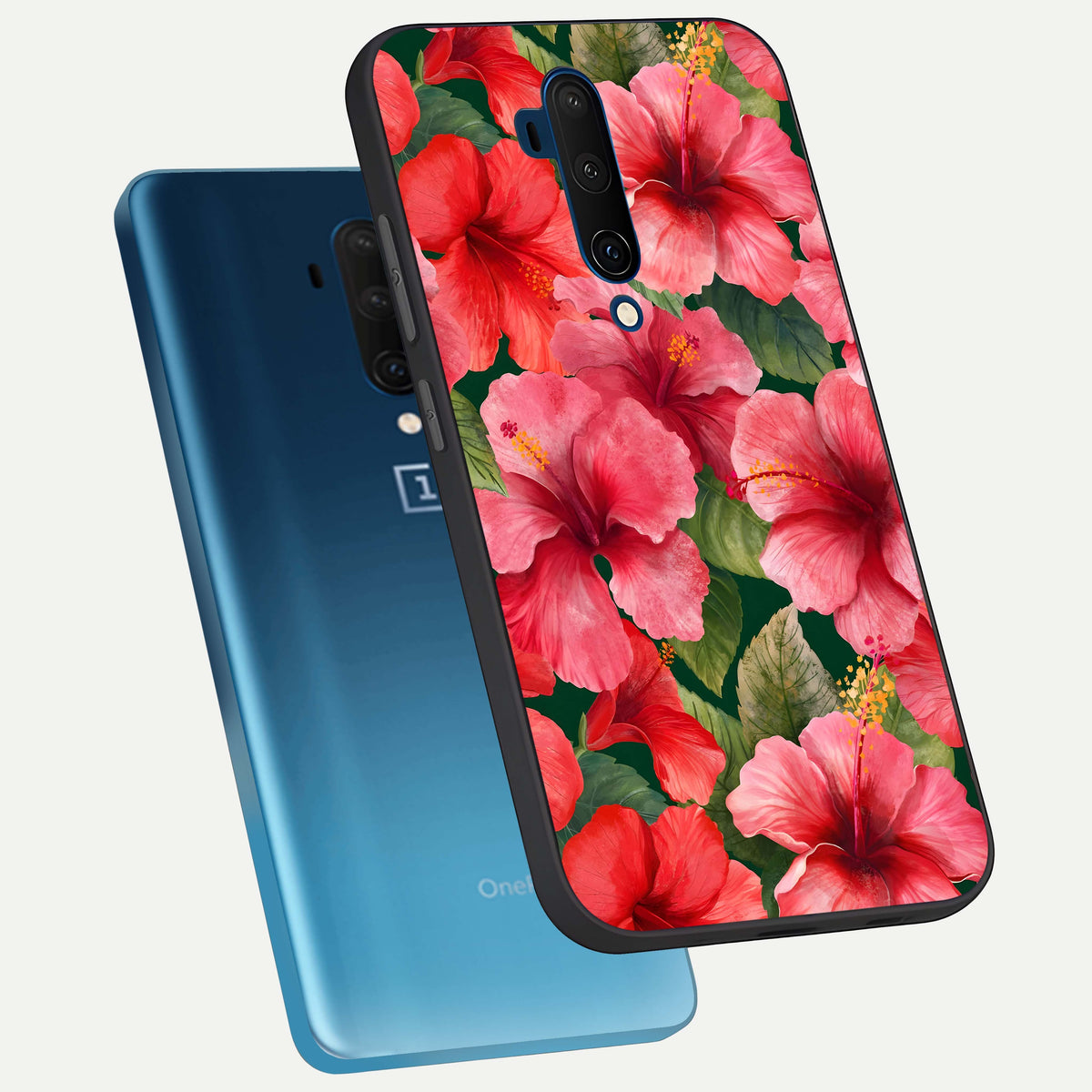  Hibiscus Pattern phone case For OnePlus 7T Pro showing premium glass back cover with detailed artwork