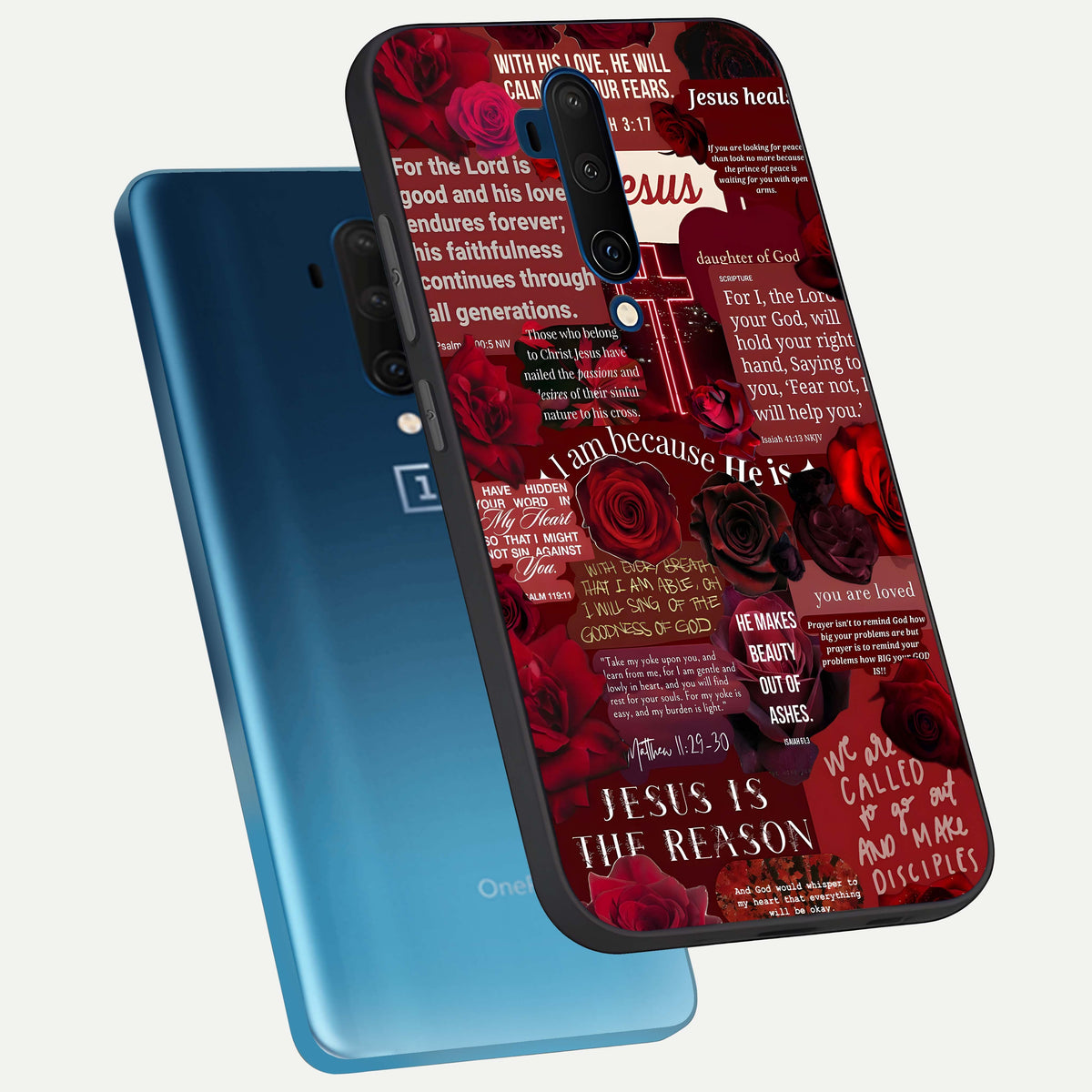  Jesus Love Heals phone case For OnePlus 7T Pro showing premium glass back cover with detailed artwork