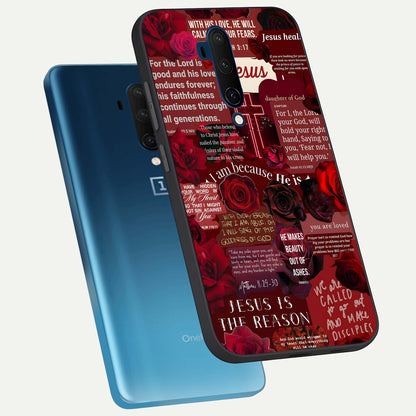  Jesus Love Heals phone case For OnePlus 7T Pro showing premium glass back cover with detailed artwork
