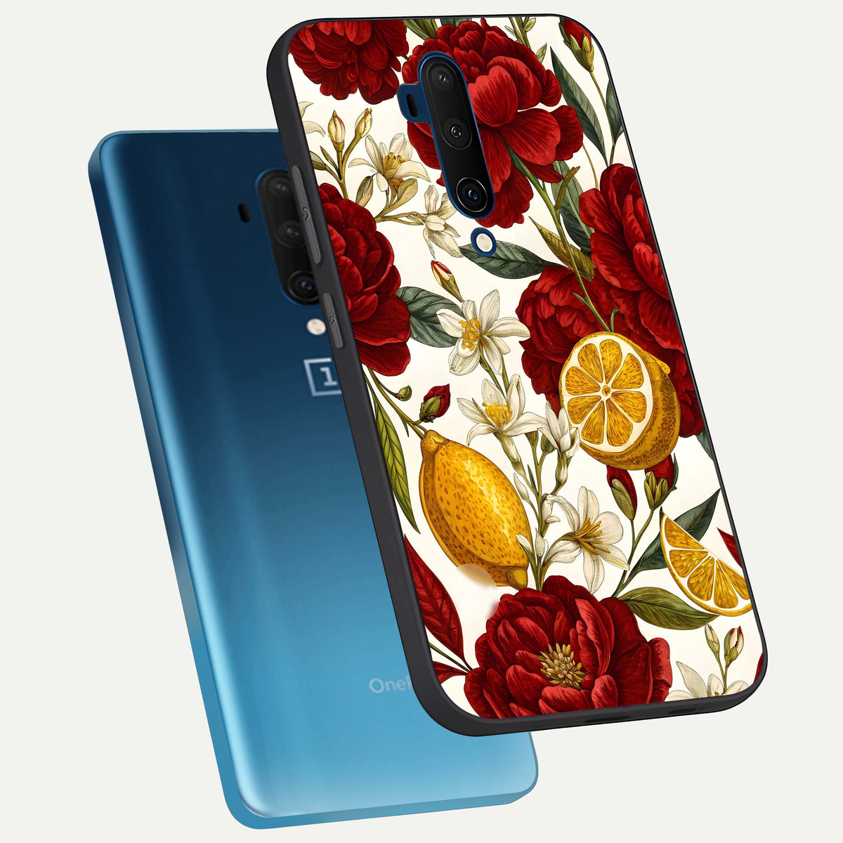  Lemon Rose Charm phone case For OnePlus 7T Pro showing premium glass back cover with detailed artwork