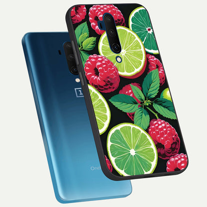  Lime and Raspberry Pattern phone case For OnePlus 7T Pro showing premium glass back cover with detailed artwork