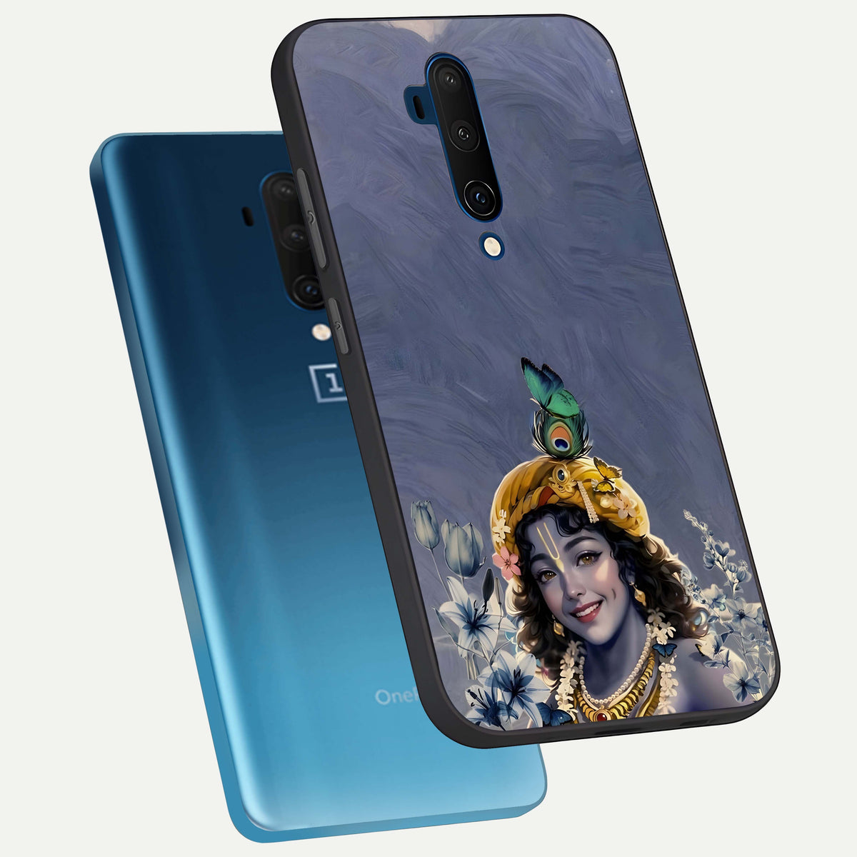  Lord Krishna phone case For OnePlus 7T Pro showing premium glass back cover with detailed artwork