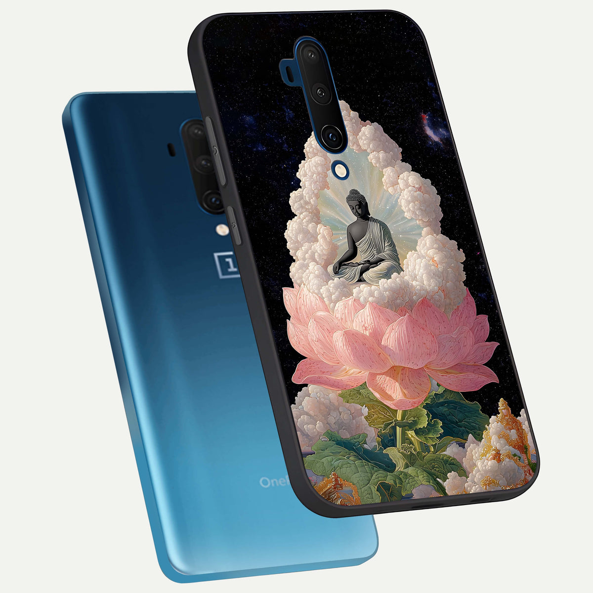  Lotus Divine Peace phone case For OnePlus 7T Pro showing premium glass back cover with detailed artwork