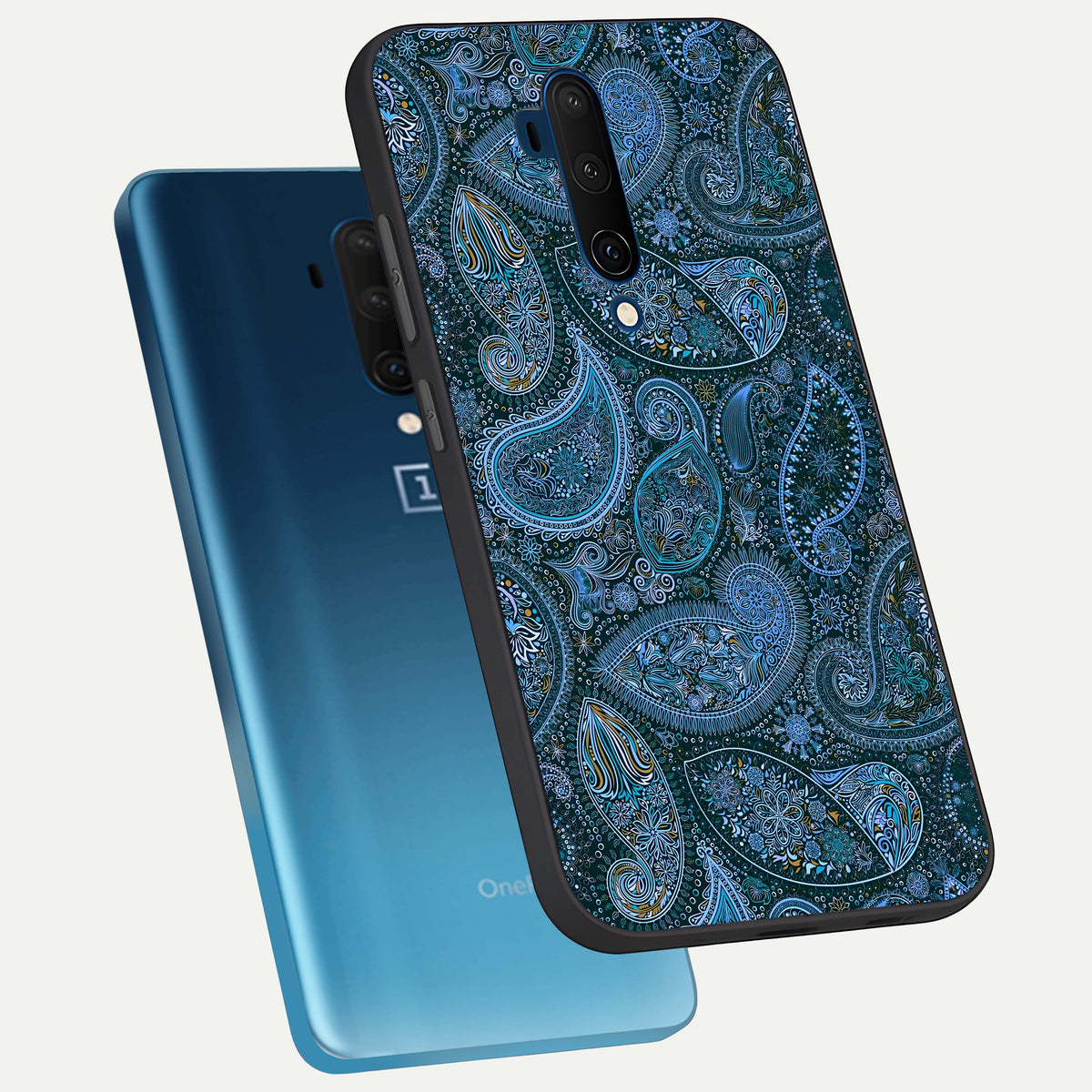  Midnight Paisley Glow phone case For OnePlus 7T Pro showing premium glass back cover with detailed artwork