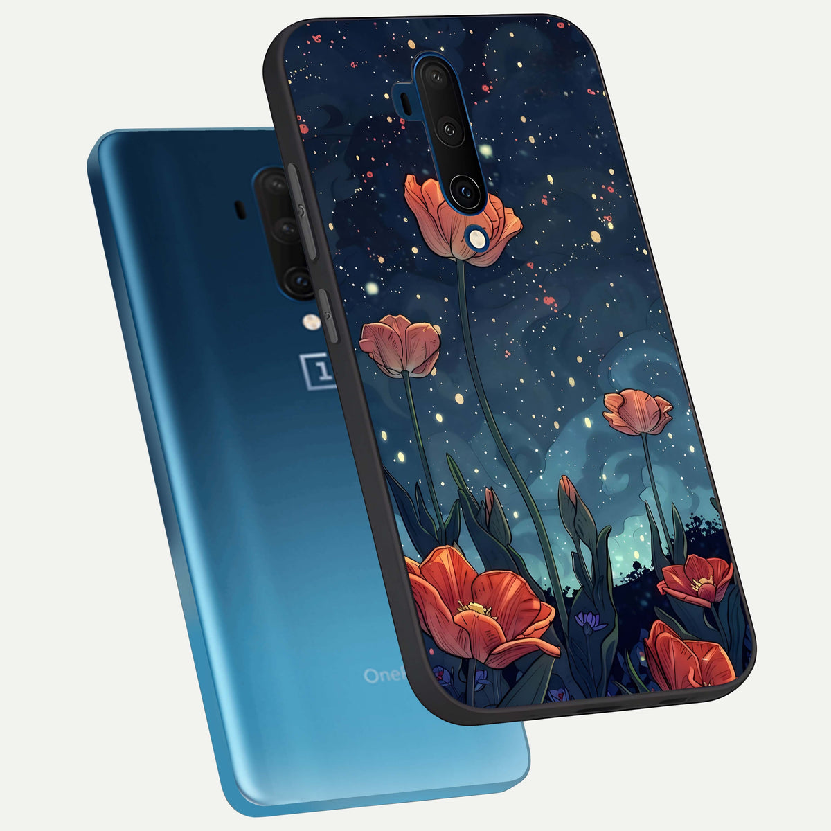  Midnight Tulip Glow phone case For OnePlus 7T Pro showing premium glass back cover with detailed artwork