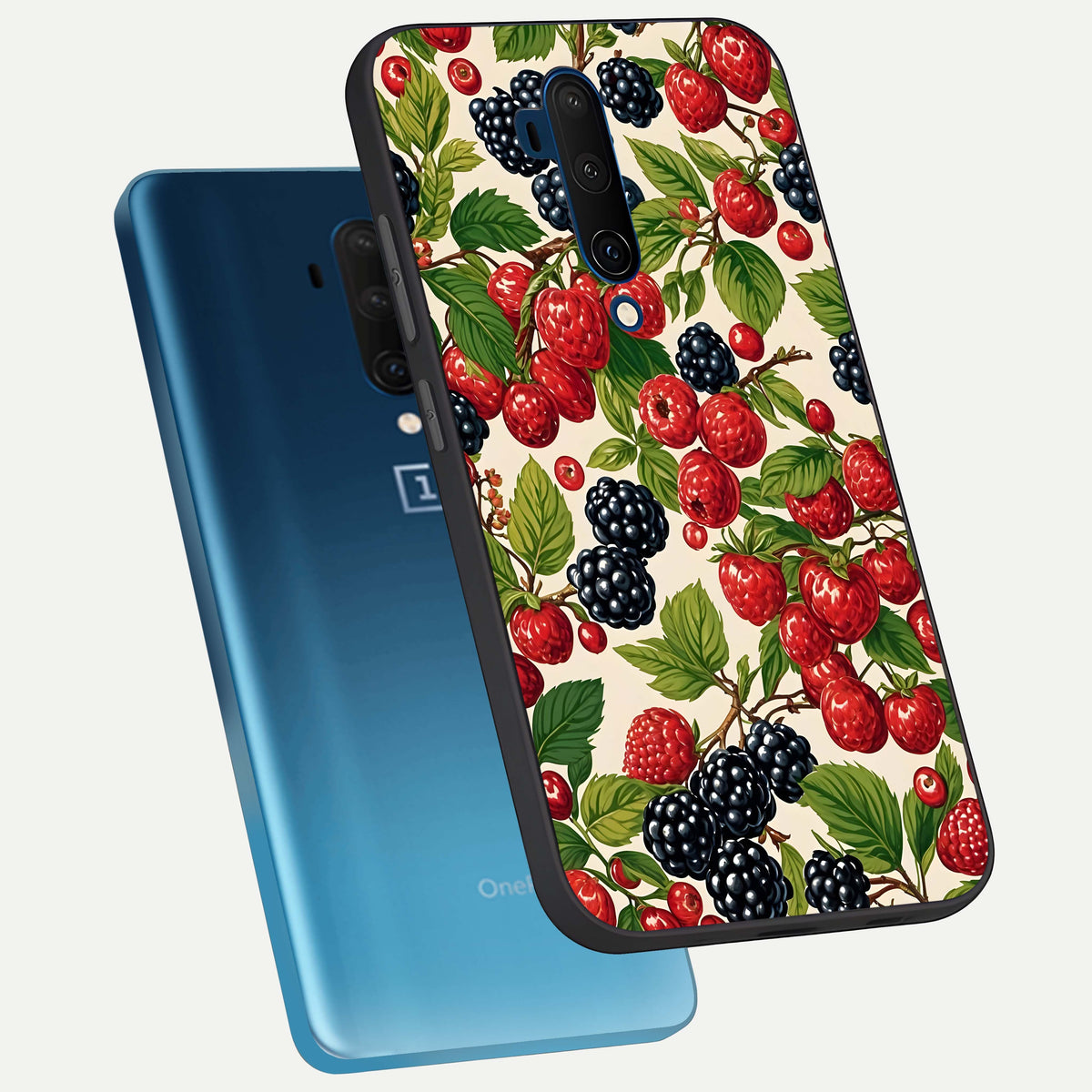  Mixed Berry Collage phone case For OnePlus 7T Pro showing premium glass back cover with detailed artwork