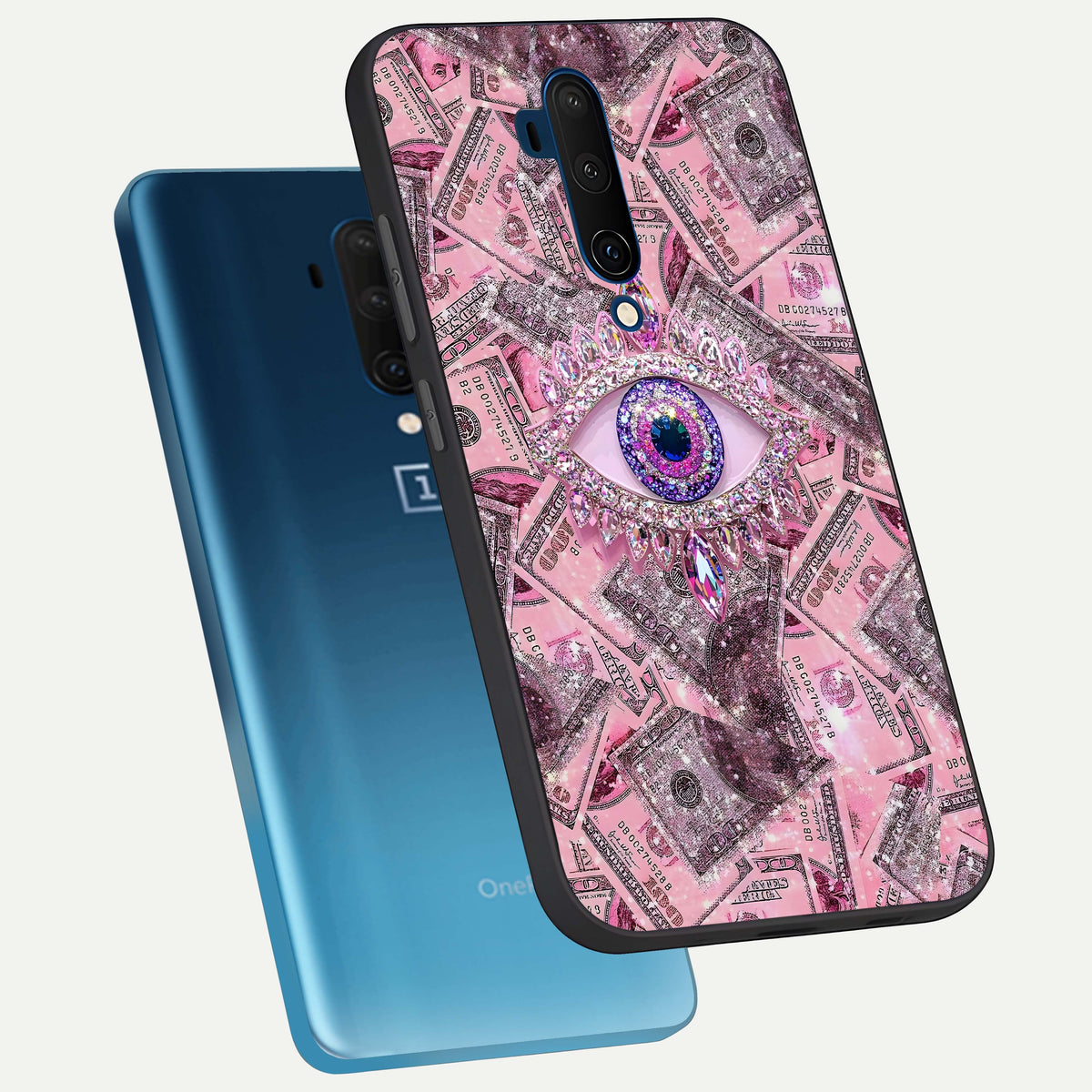  Money Eye Luxe phone case For OnePlus 7T Pro showing premium glass back cover with detailed artwork