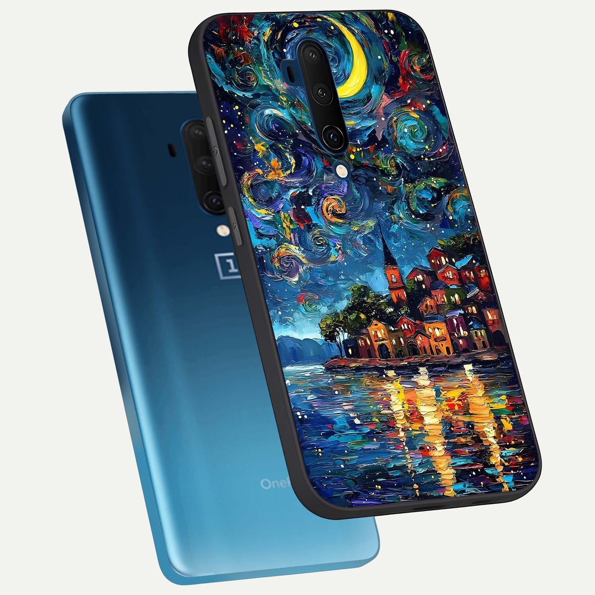  Moonlight Harbor Glow phone case For OnePlus 7T Pro showing premium glass back cover with detailed artwork