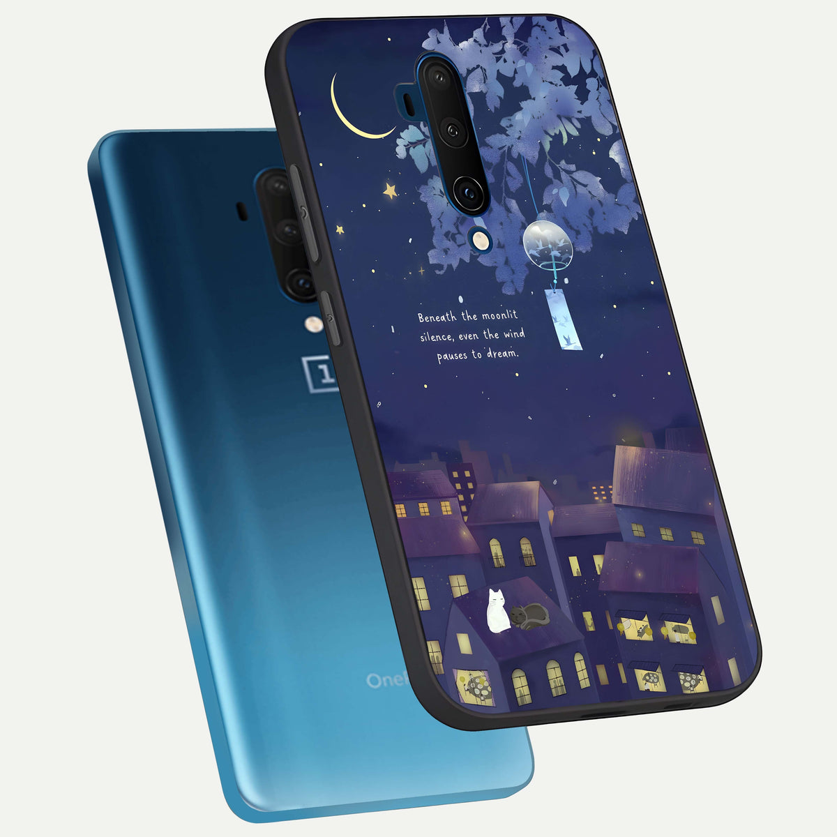  Moonlit Cat Silence phone case For OnePlus 7T Pro showing premium glass back cover with detailed artwork
