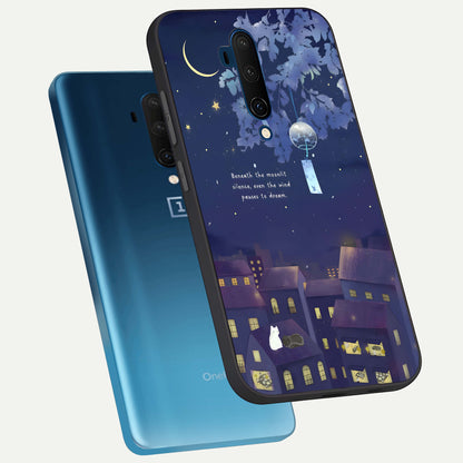  Moonlit Cat Silence phone case For OnePlus 7T Pro showing premium glass back cover with detailed artwork