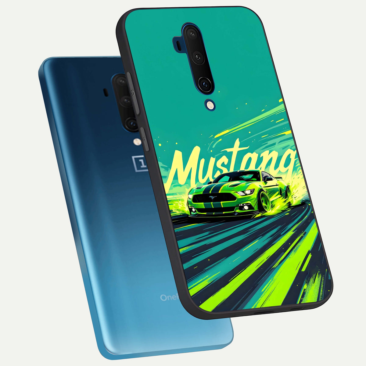  Mustang Bang phone case For OnePlus 7T Pro showing premium glass back cover with detailed artwork