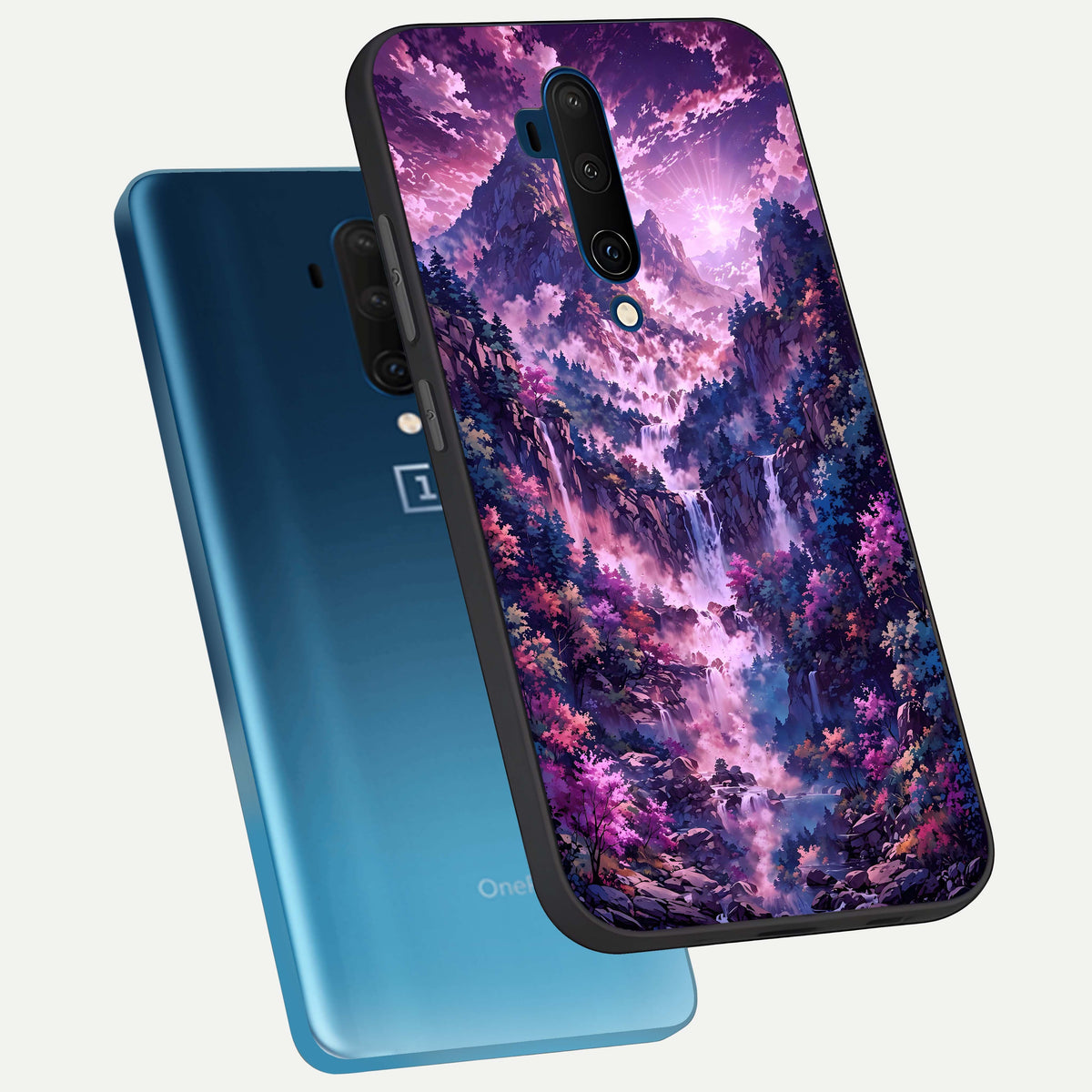  Mystic Cascade Peaks phone case For OnePlus 7T Pro showing premium glass back cover with detailed artwork