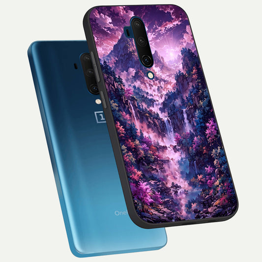  Mystic Cascade Peaks phone case For OnePlus 7T Pro showing premium glass back cover with detailed artwork