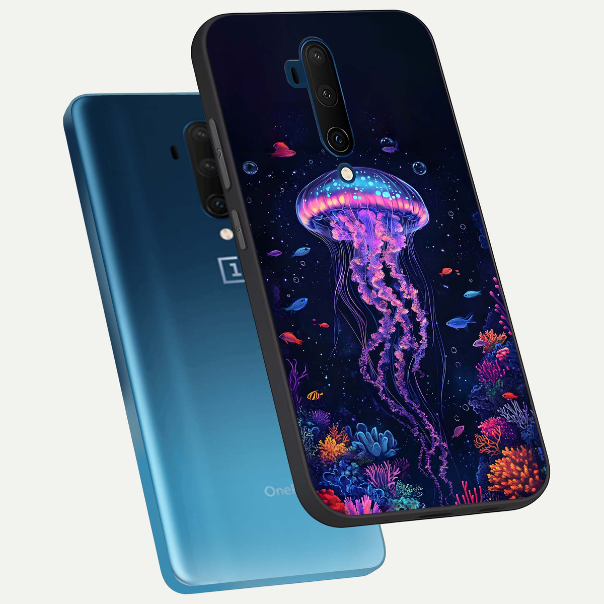  Neon Jellyfish phone case For OnePlus 7T Pro showing premium glass back cover with detailed artwork