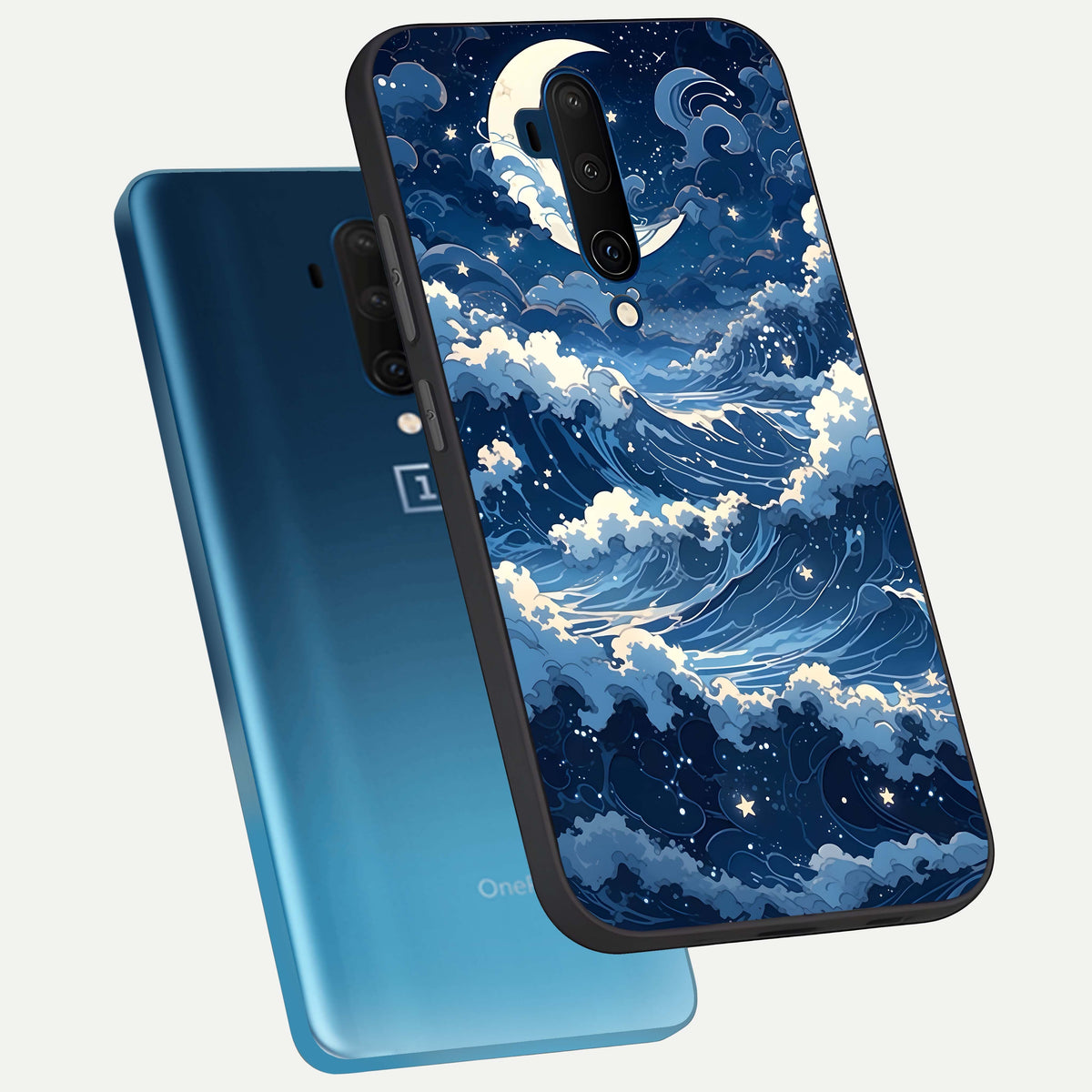  Ocean Moon Waves phone case For OnePlus 7T Pro showing premium glass back cover with detailed artwork