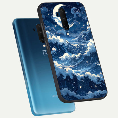  Ocean Moon Waves phone case For OnePlus 7T Pro showing premium glass back cover with detailed artwork