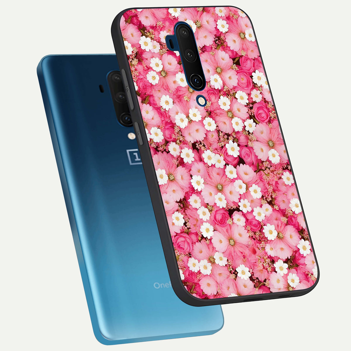  Pink Daisy Bliss phone case For OnePlus 7T Pro showing premium glass back cover with detailed artwork