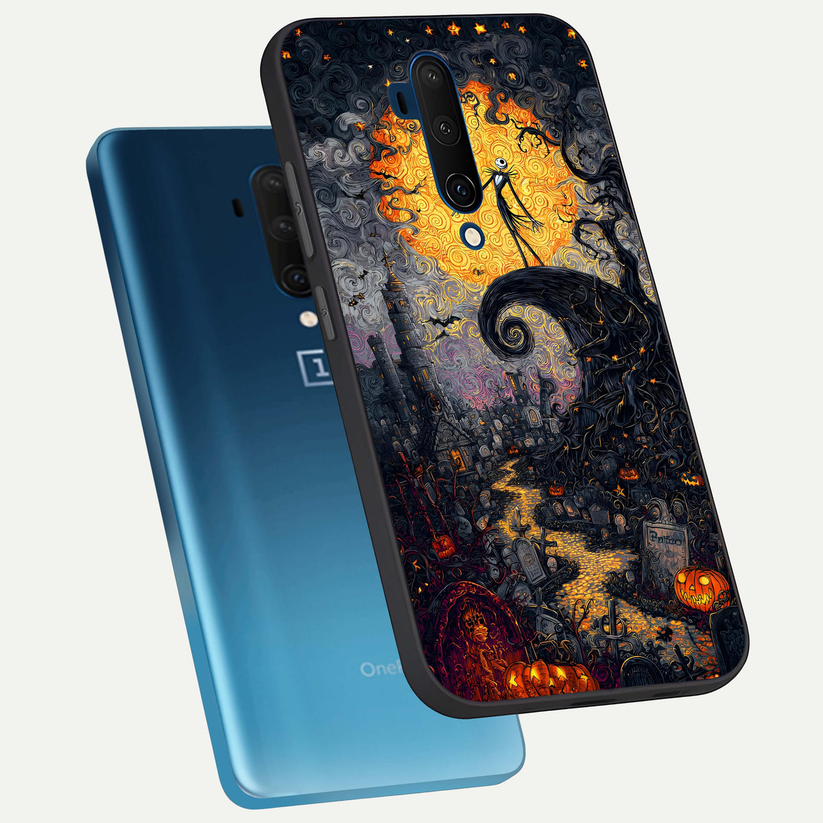  Pumpkin Moon Night phone case For OnePlus 7T Pro showing premium glass back cover with detailed artwork