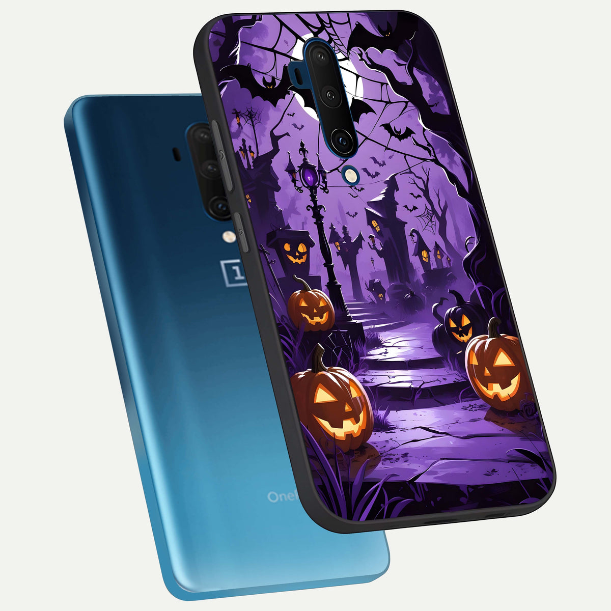  Pumpkin Patch Halloween phone case For OnePlus 7T Pro showing premium glass back cover with detailed artwork