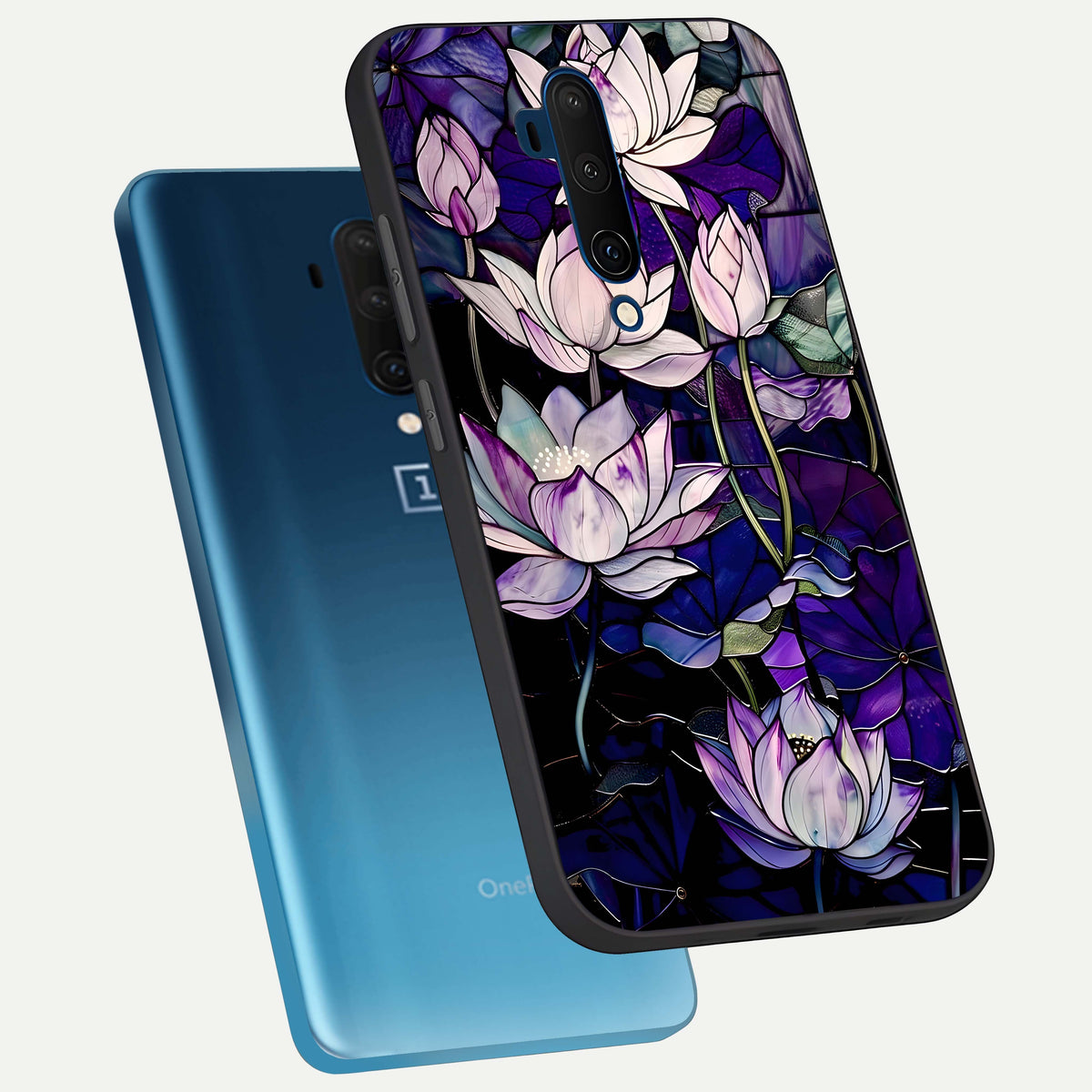  Purple Lotus Pattern phone case For OnePlus 7T Pro showing premium glass back cover with detailed artwork